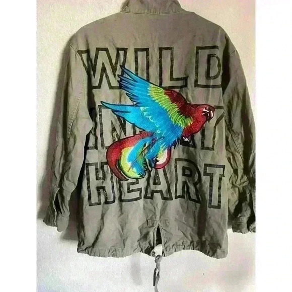 Zara Military Speak Up Trench Motor Biker Graphic Bird Olive Green Jacket XS - Picture 3 of 15